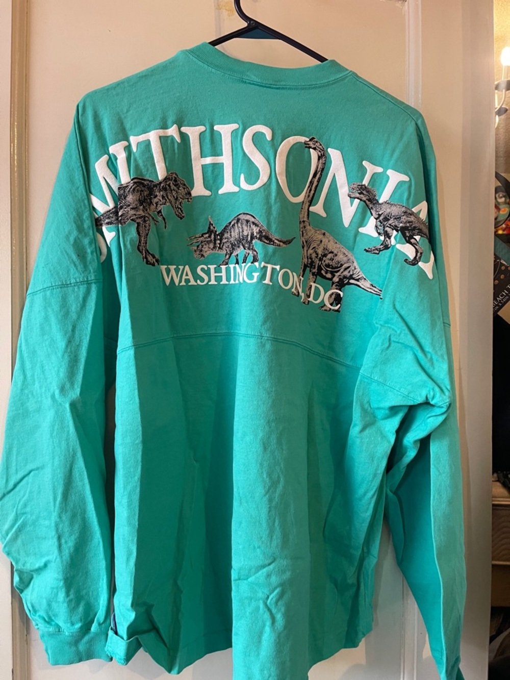 SPIRIT JERSEY Smithsonian Teal Long Sleeve Graphic Tee Washington DC Dinosaur - Picture 4 of 8